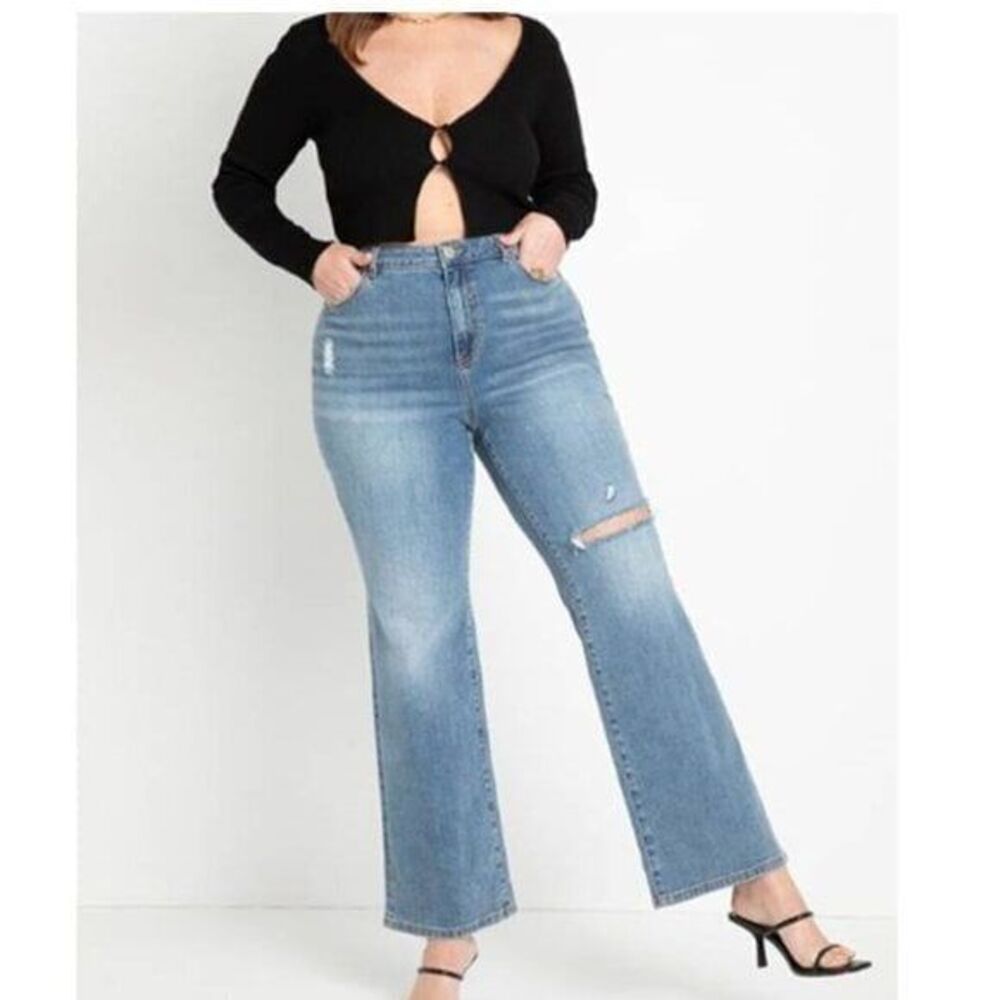 ELOQUII Plus Size Distressed High Rise Flare Leg Jean